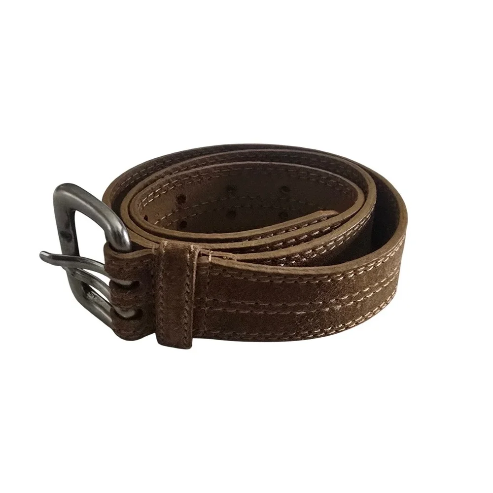 Vtg Y2K Tan Suede Genuine Leather Double Prong Belt Solid Brass Buckle XL 38in